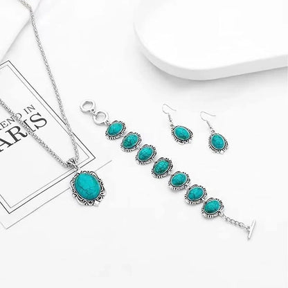 3pcs Women's Vintage Turquoise Bracelet Necklace Earrings Set