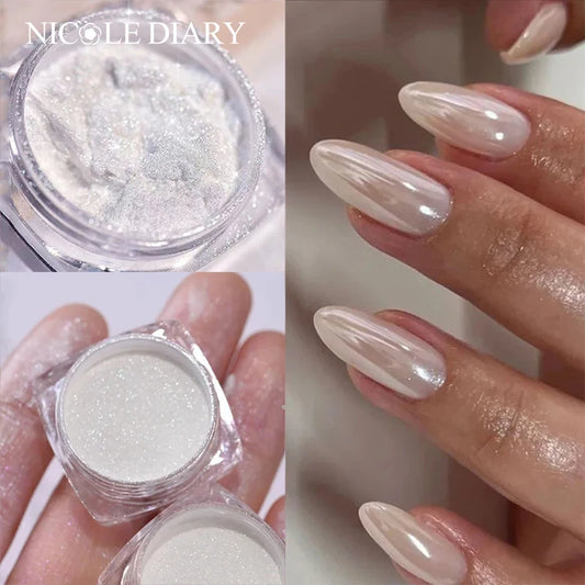 Aurora Pearl White Nails Glitter Dust Chrome Moonlight White