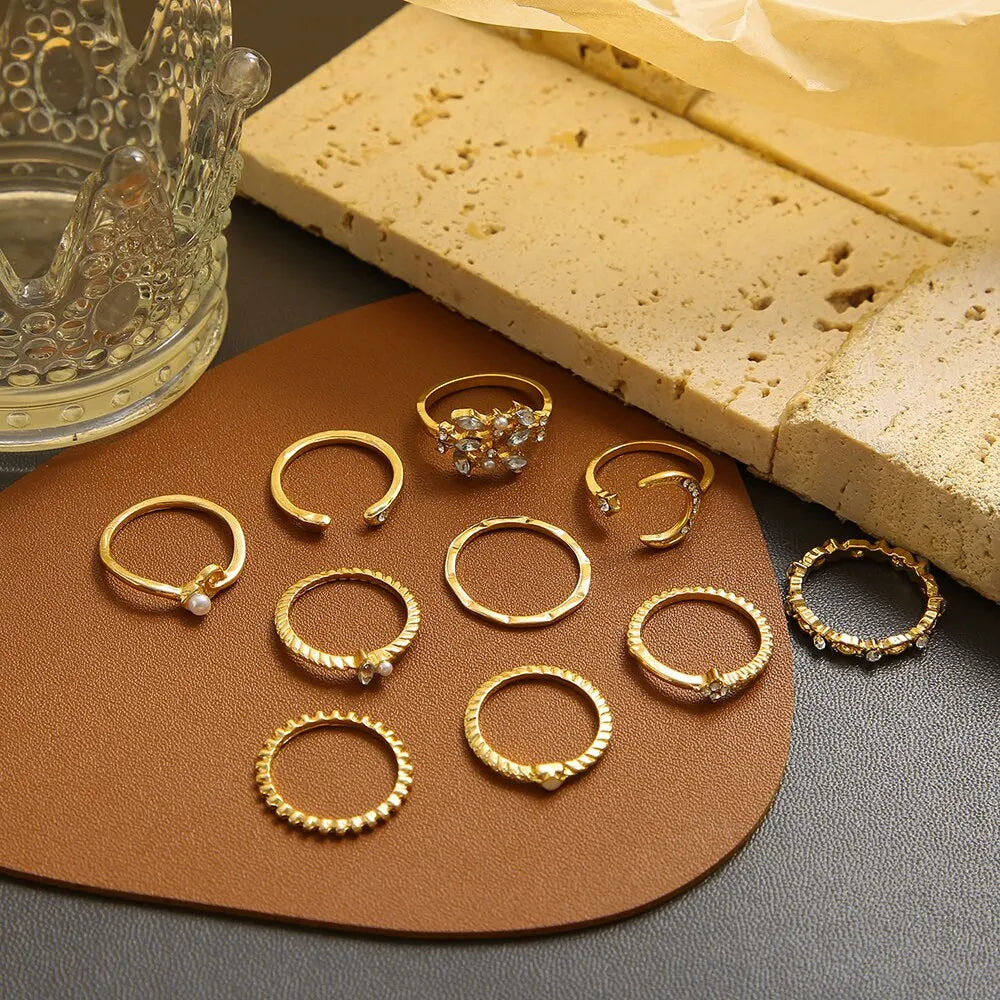 10Pcs Rings Suit For Women Gold-color Chain Ring Set Bohemian Style Coin Snake Moon Star Party Trend Gift Jewelry