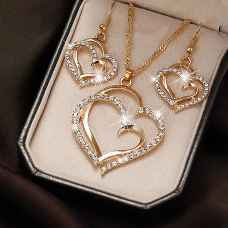 3 Pcs Set Heart Shaped Jewelry Set Of Earrings Pendant Necklace For Women