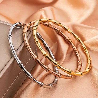 Simple Stainless Steel Gold Color Bamboo Joint Bracelet For Women