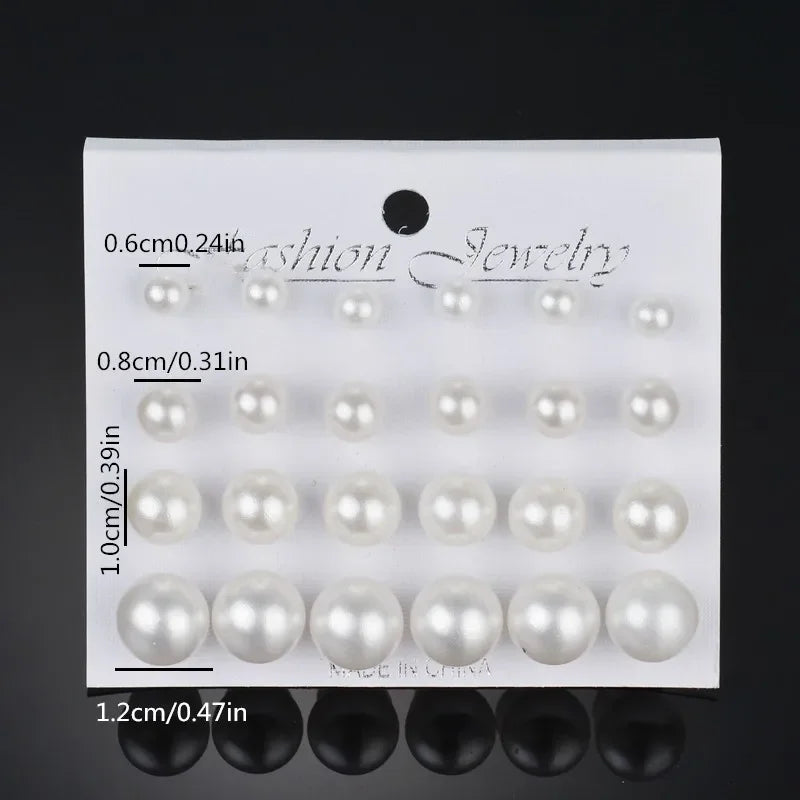 New 12pairs/set White Simulated Pearl Earrings Set For Women Girls Jewelry On Ear Ball Multi-size Stud Earrings Ear Stud Gifts