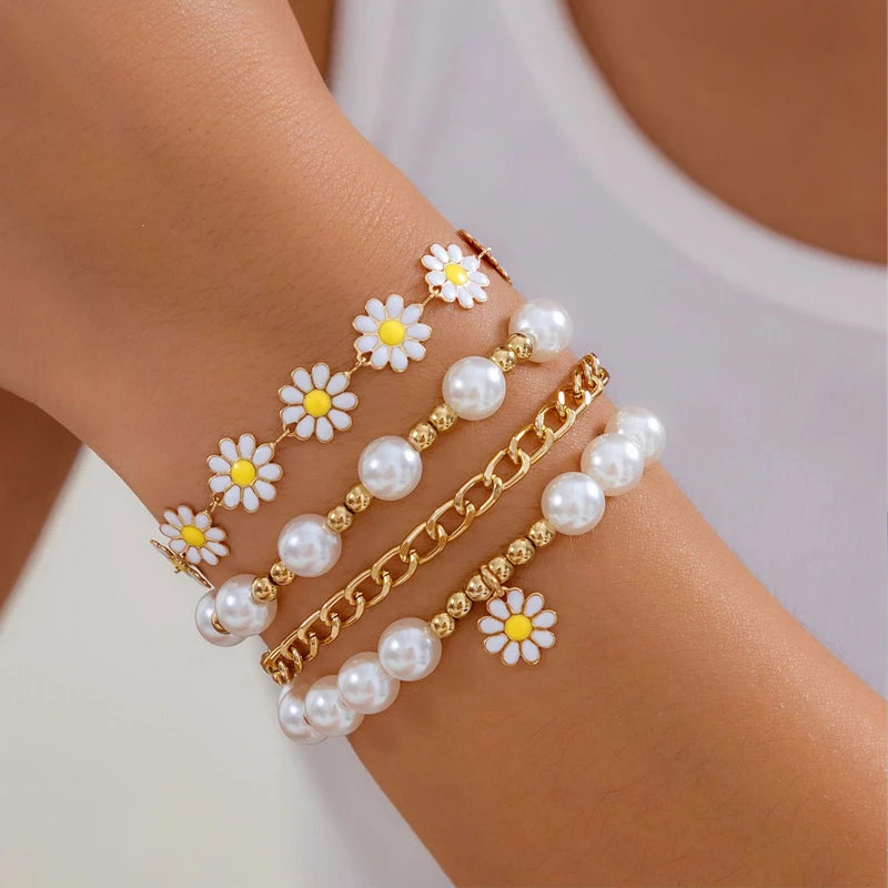 8pcs Vintage Daisy Flower Pendant Bracelet Set for Women