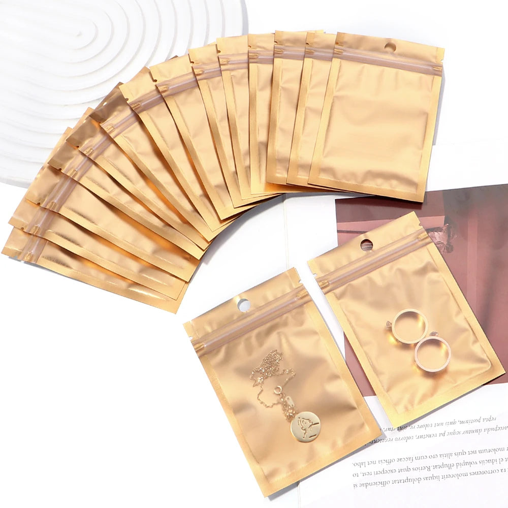 20-50Pcs/lot Gold Color Aluminum Foil Ziplock Bags Multi-size Jewelry