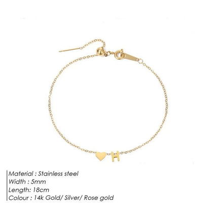 26 Letters Fashion English Initial Letter Heart Bracelet for Women