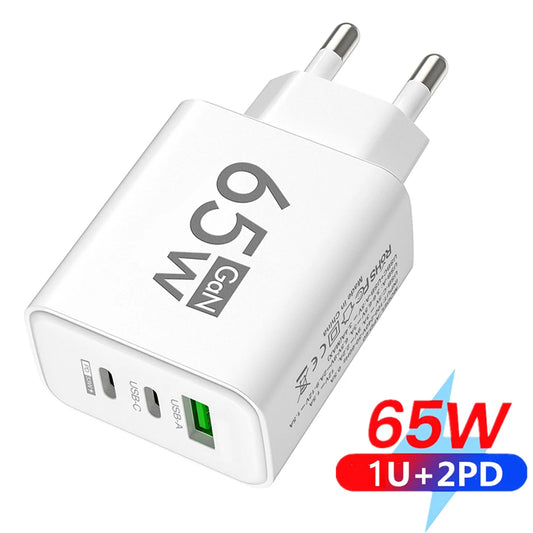 65W GaN Charger USB PD Type C Fast Charging 3 Ports