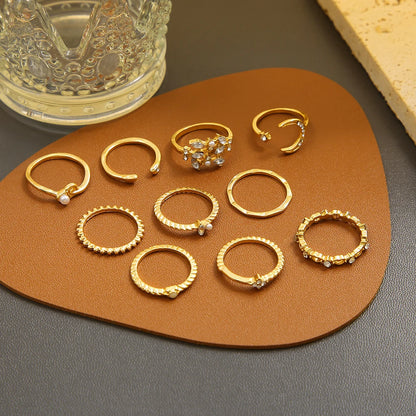 10Pcs Rings Suit For Women Gold-color Chain Ring Set Bohemian Style Coin Snake Moon Star Party Trend Gift Jewelry