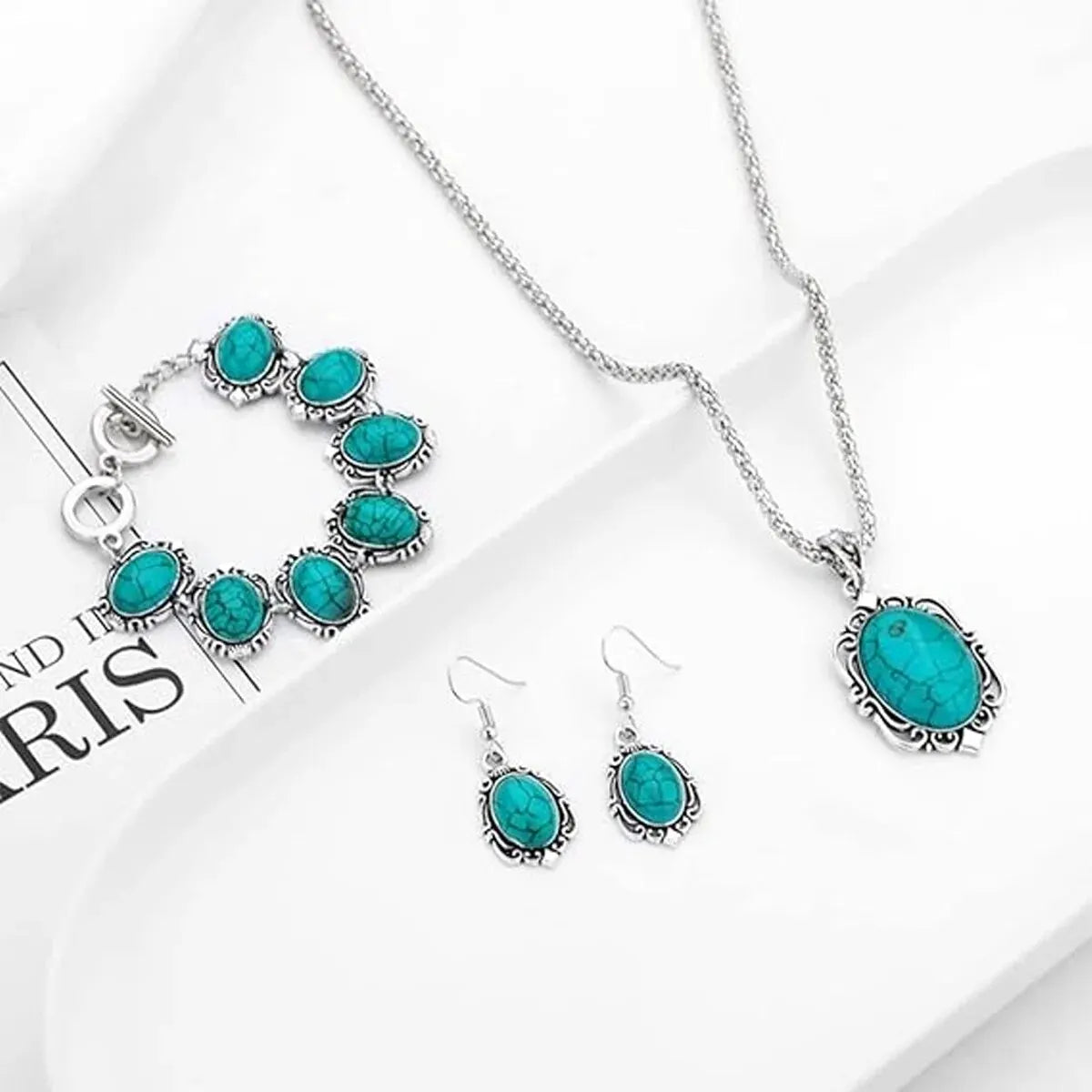 3pcs Women's Vintage Turquoise Bracelet Necklace Earrings Set